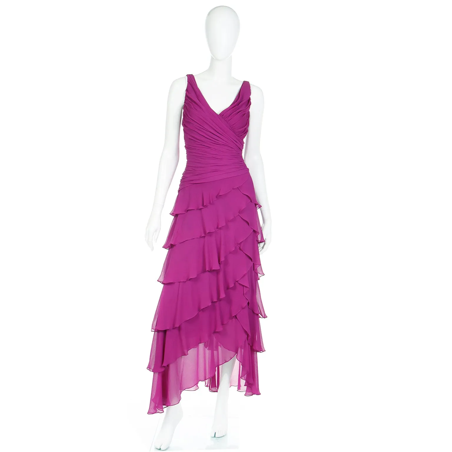 1990s Tadashi Vintage Magenta Purple Silk Ruffled Tiered Dress