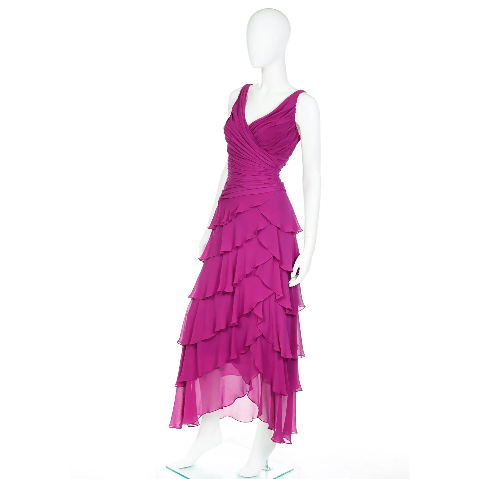 1990s Tadashi Vintage Magenta Purple Silk Ruffled Tiered Dress