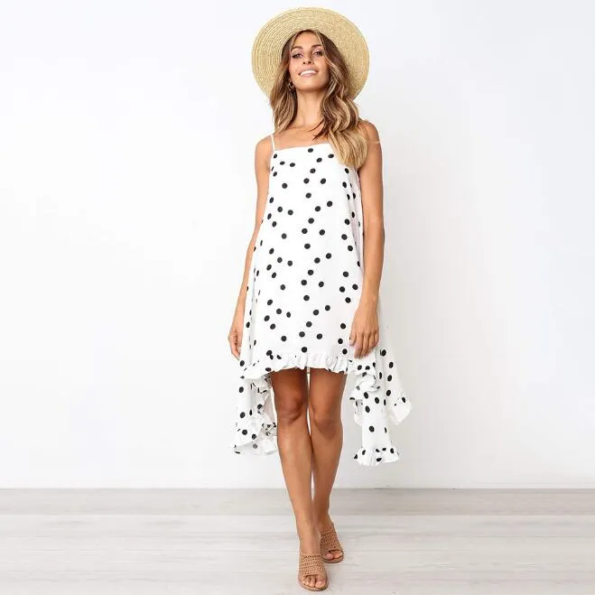 A-line Spaghetti Strap Ruffled Polka Dot Print Bohemian Midi Dress