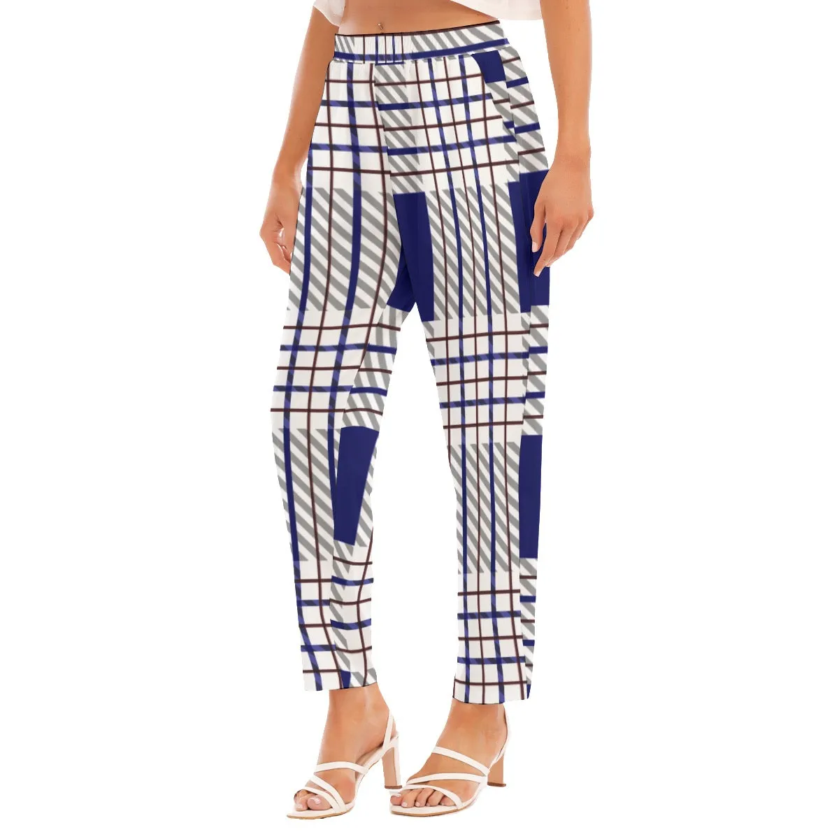 All-Over Print Women's Loose Straight-leg Pants 107 blue plaid print