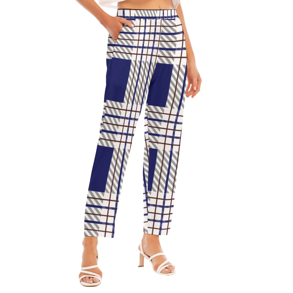 All-Over Print Women's Loose Straight-leg Pants 107 blue plaid print