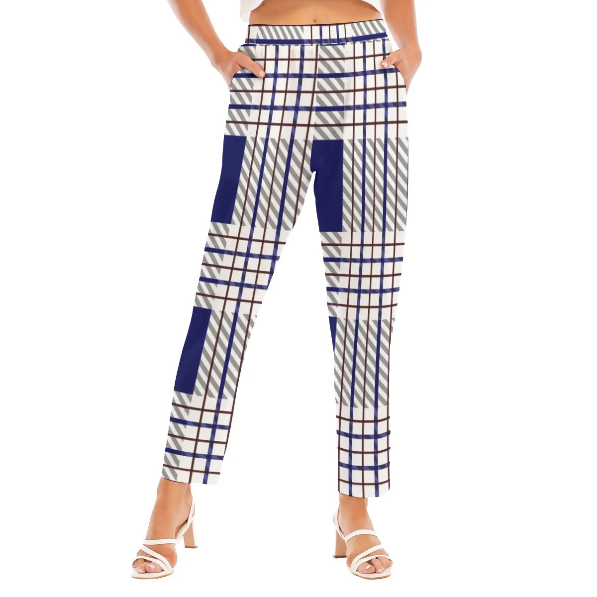 All-Over Print Women's Loose Straight-leg Pants 107 blue plaid print