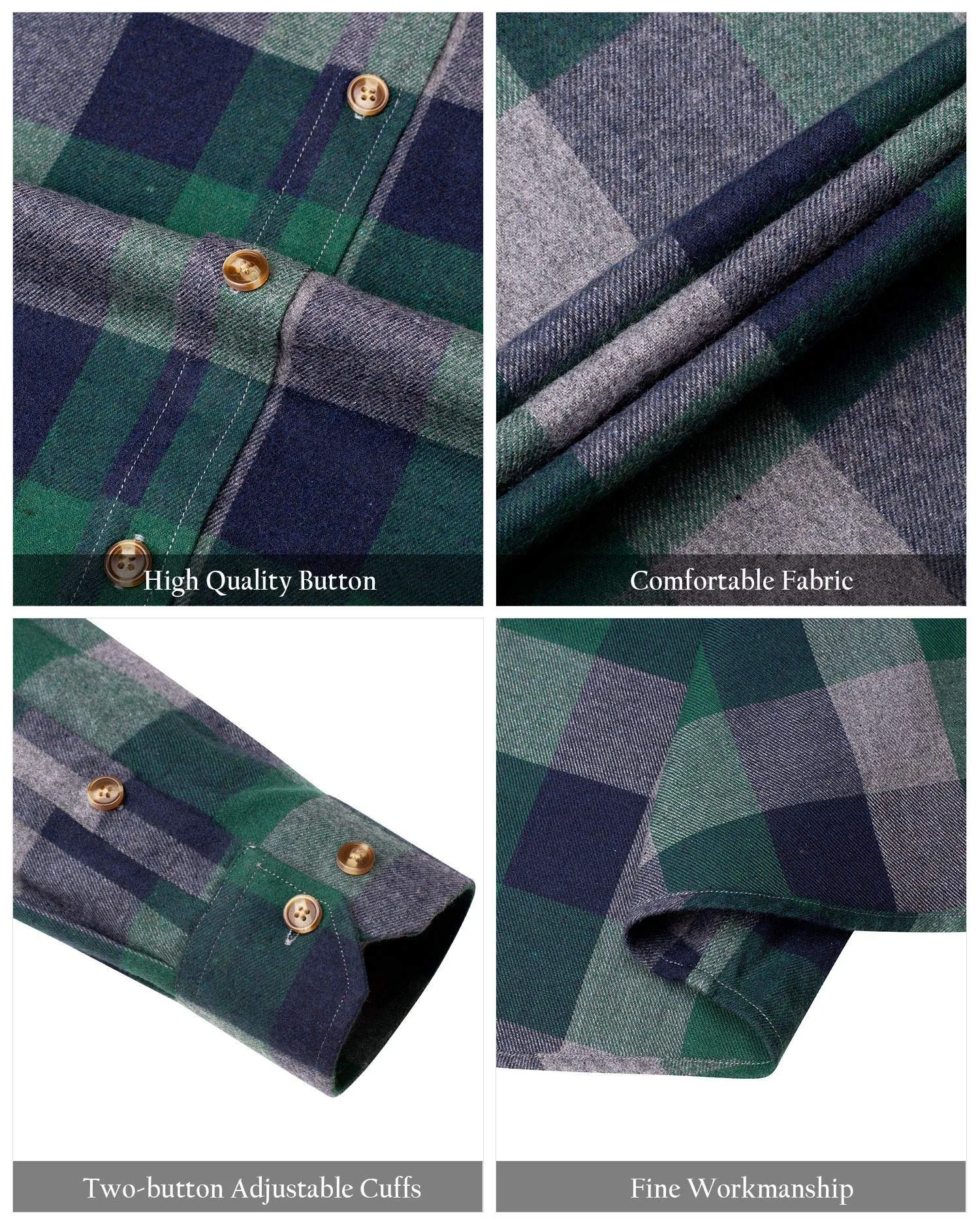 BIG & TALL Men's Button Down Long Sleeve Plaid Flannel Casual Shirts-Green&Grey