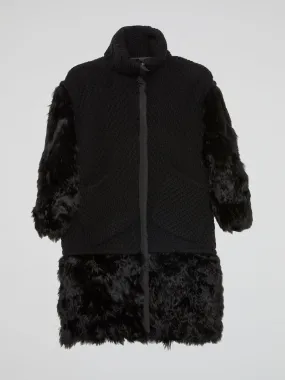 Black Fur-Panel Knitted Trench Coat