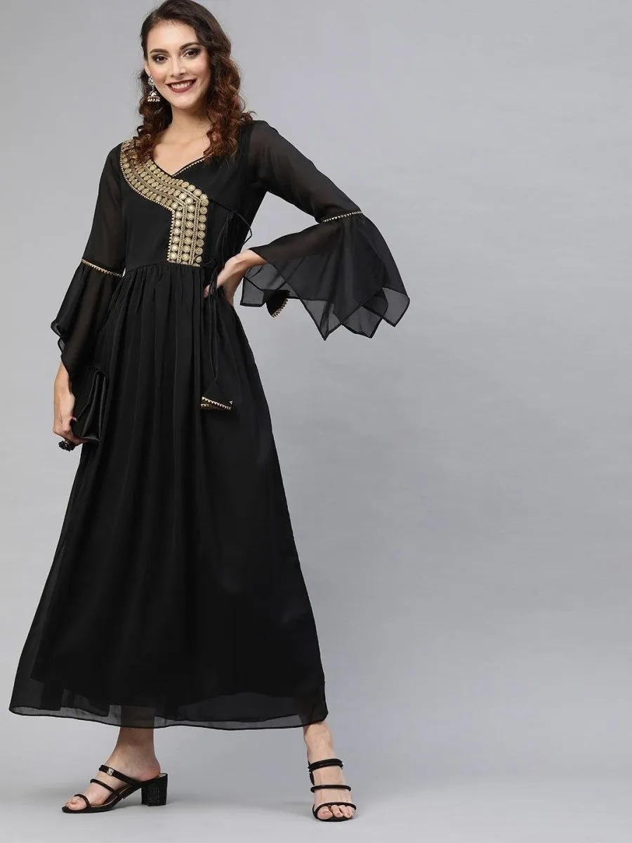 Black Silk Blend Solid Fit & Flared Maxi Gown