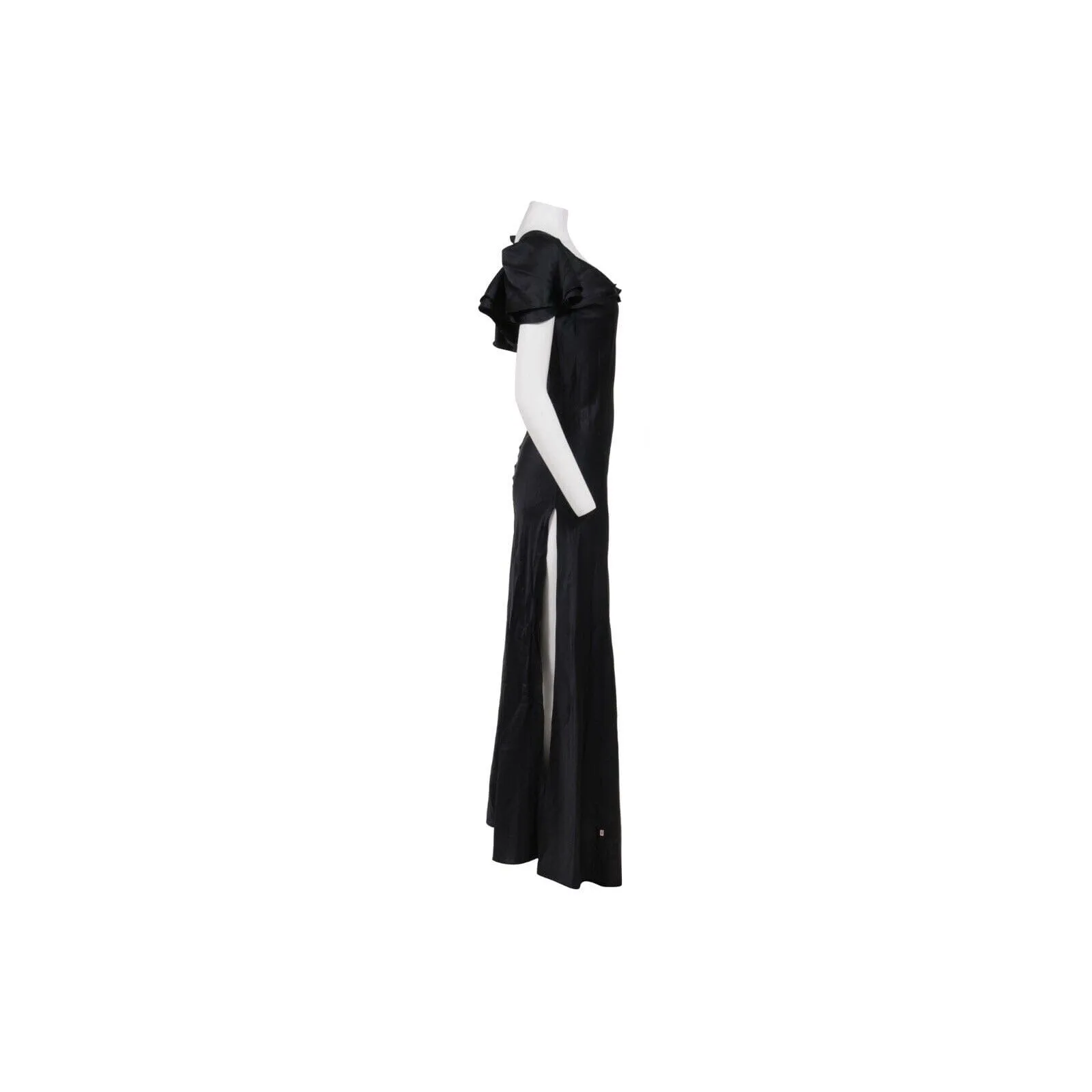 Black Silk Ruffle Shoulder Side Split Maxi Dress