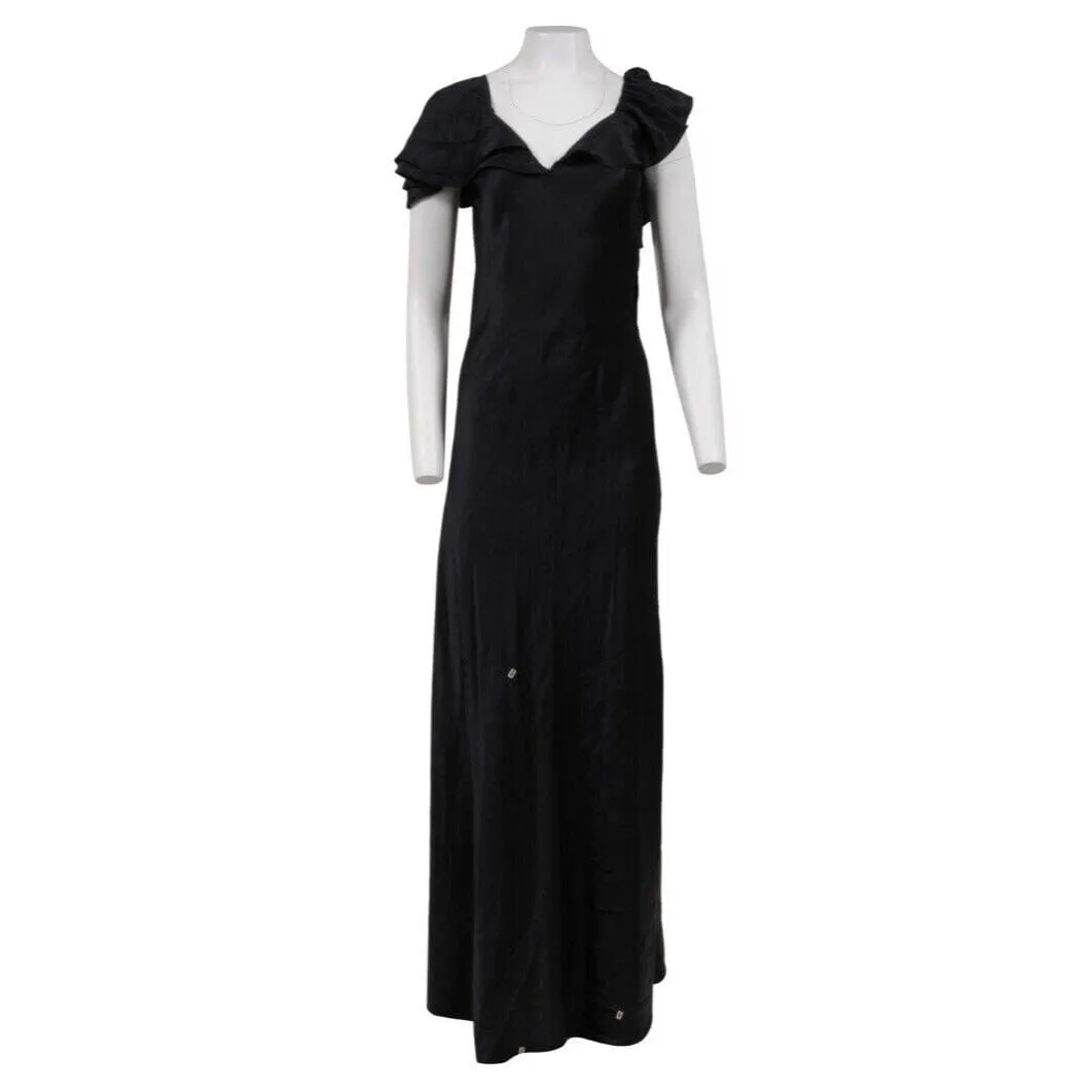 Black Silk Ruffle Shoulder Side Split Maxi Dress