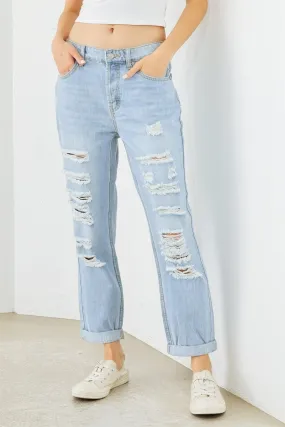 Blue Denim Cotton Ripped High Waist Jeans