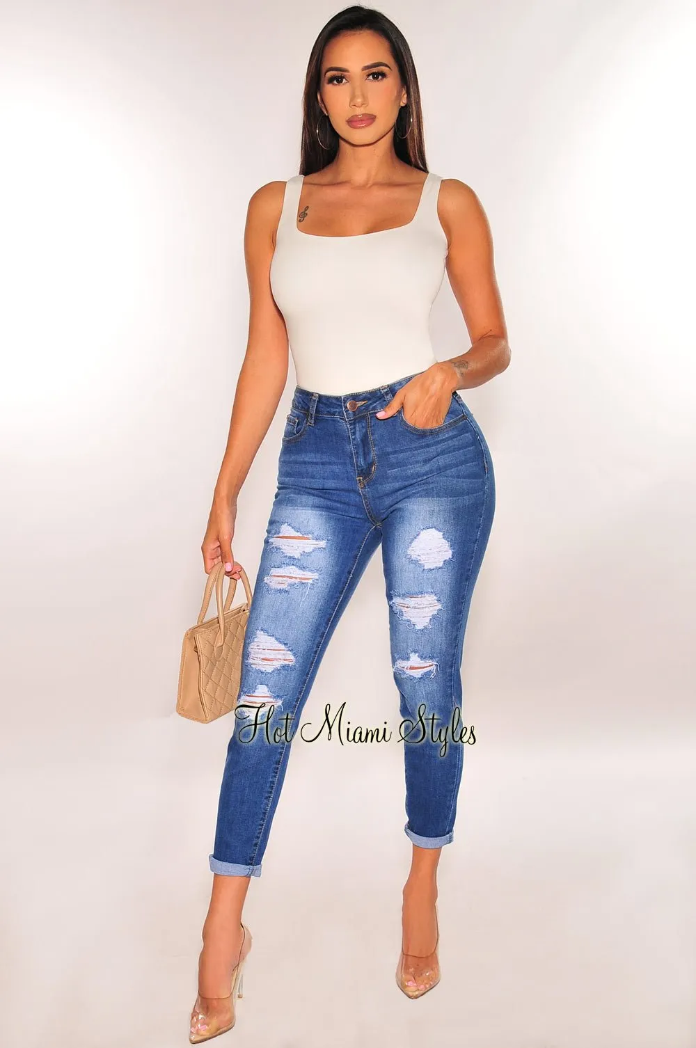 Blue Denim Wash High Waisted Ripped Skinny Jeans