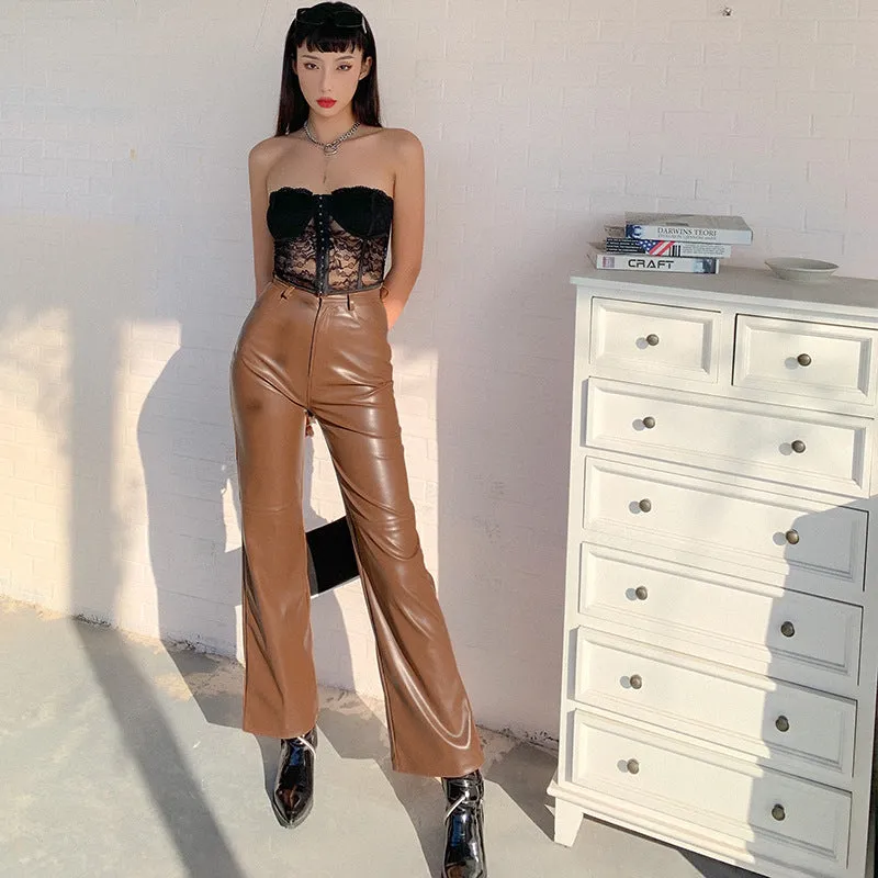 Brown Leather Pants Spicy Girl Retro Style Wide-Leg Pants Women's High Waist Slimming Bootcut Pants