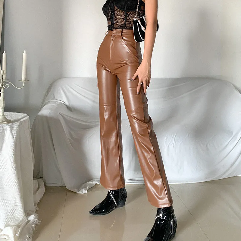 Brown Leather Pants Spicy Girl Retro Style Wide-Leg Pants Women's High Waist Slimming Bootcut Pants