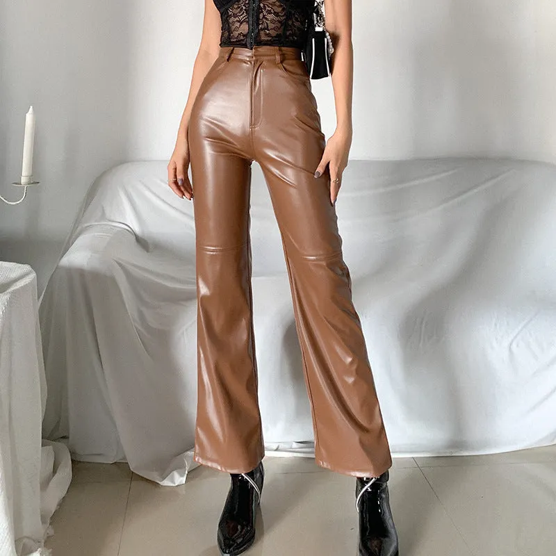 Brown Leather Pants Spicy Girl Retro Style Wide-Leg Pants Women's High Waist Slimming Bootcut Pants