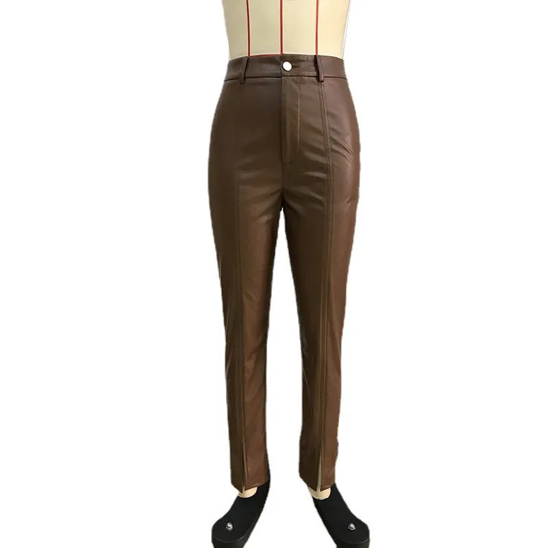 Brown Leather Pants Vintage High Waist Slim Fit Slit Pu Leather Trousers