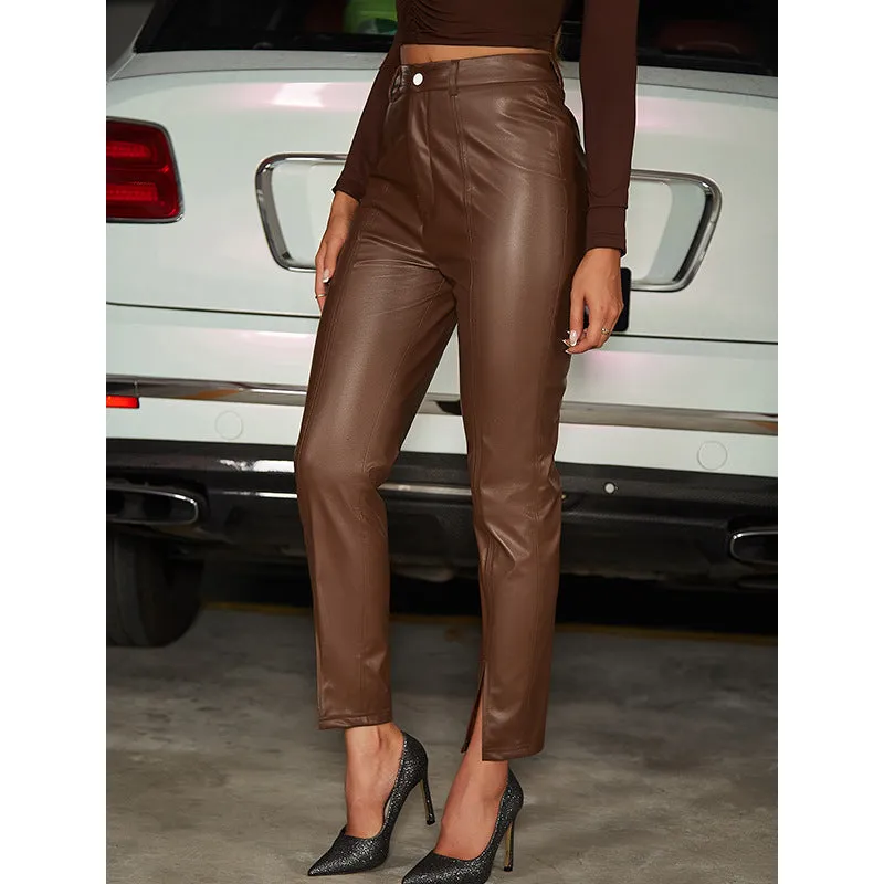 Brown Leather Pants Vintage High Waist Slim Fit Slit Pu Leather Trousers