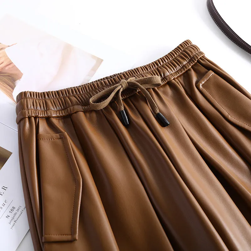 Brown Leather Pants Women's Elastic Waist Harem Pants Autumn and Winter Casual Pants