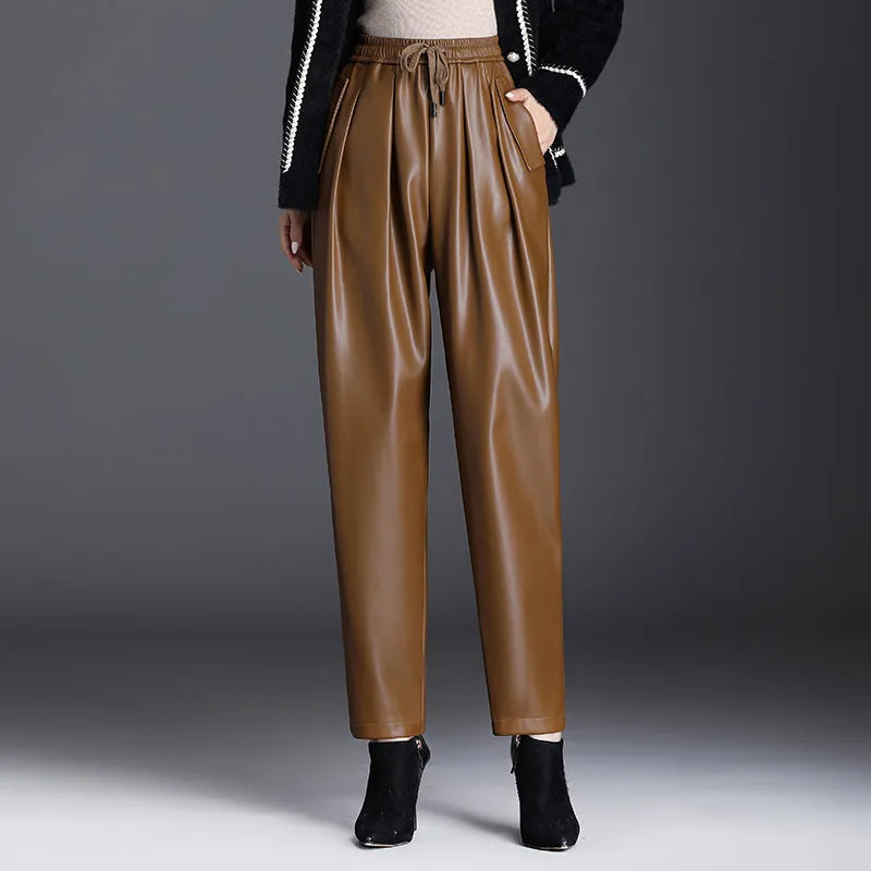 Brown Leather Pants Women's Elastic Waist Harem Pants Autumn and Winter Casual Pants