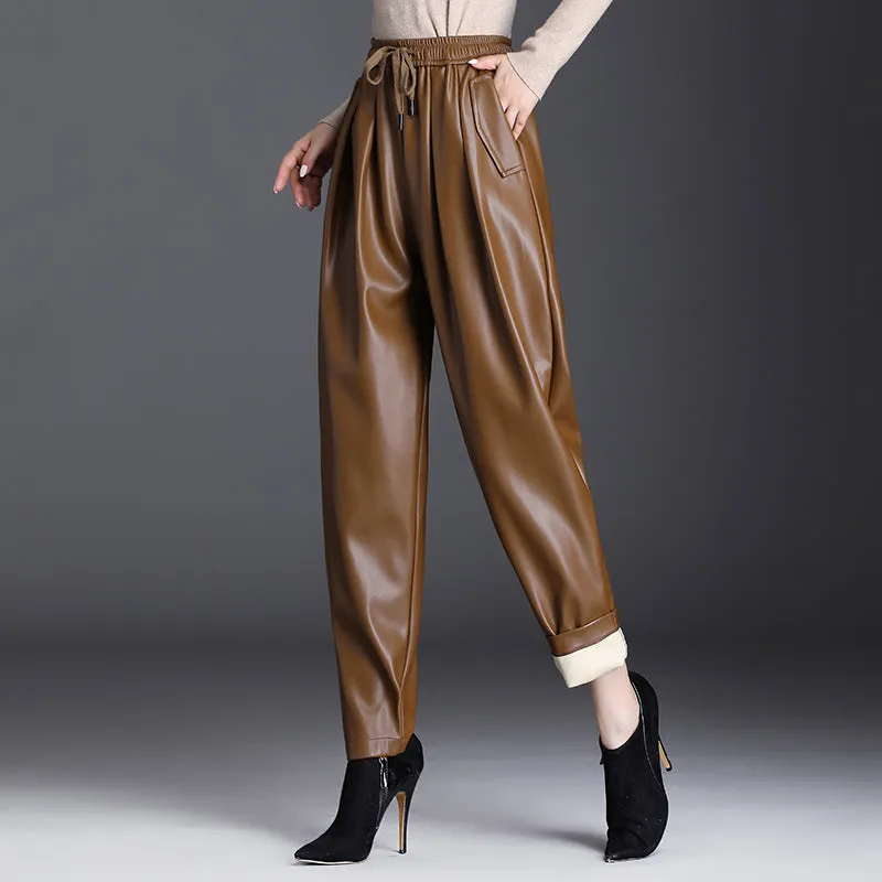 Brown Leather Pants Women's Elastic Waist Harem Pants Autumn and Winter Casual Pants