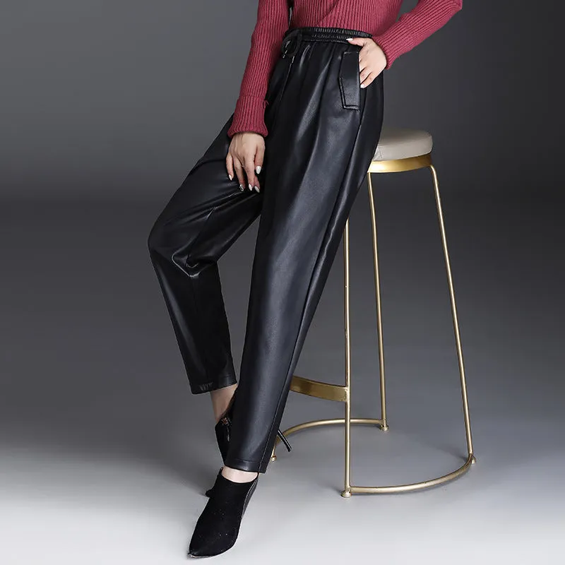 Brown Leather Pants Women's Elastic Waist Harem Pants Autumn and Winter Casual Pants