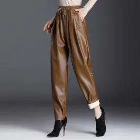 Brown Leather Pants Women's Elastic Waist Harem Pants Autumn and Winter Casual Pants