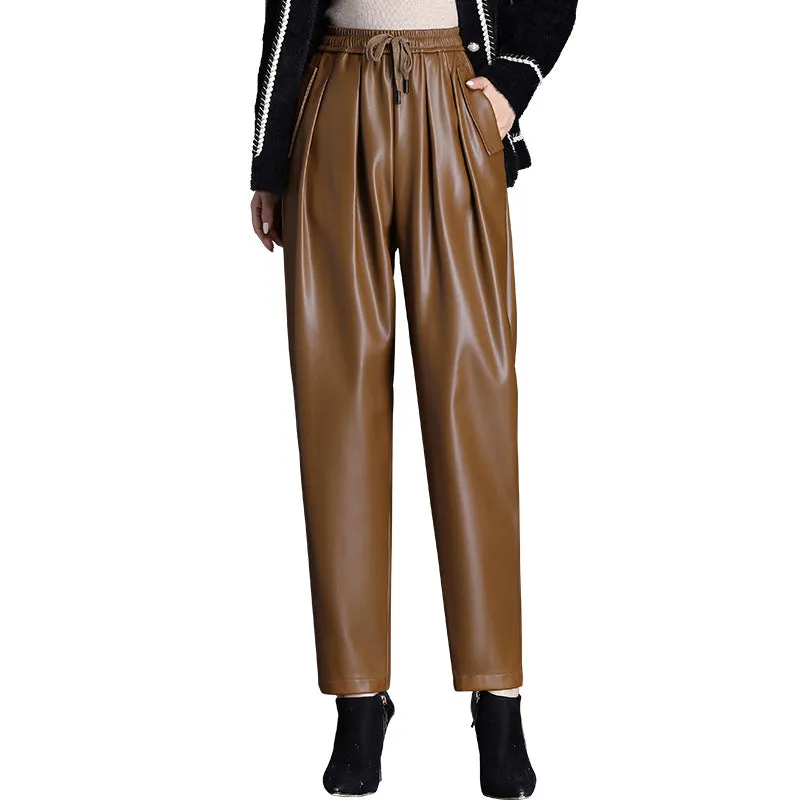 Brown Leather Pants Women's Elastic Waist Harem Pants Autumn and Winter Casual Pants