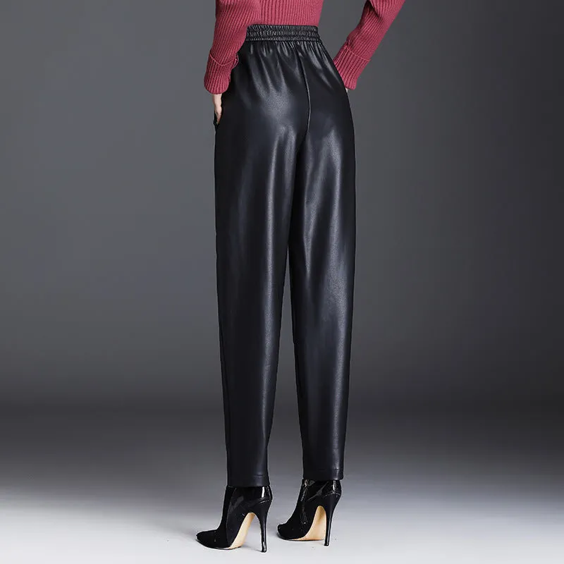 Brown Leather Pants Women's Elastic Waist Harem Pants Autumn and Winter Casual Pants