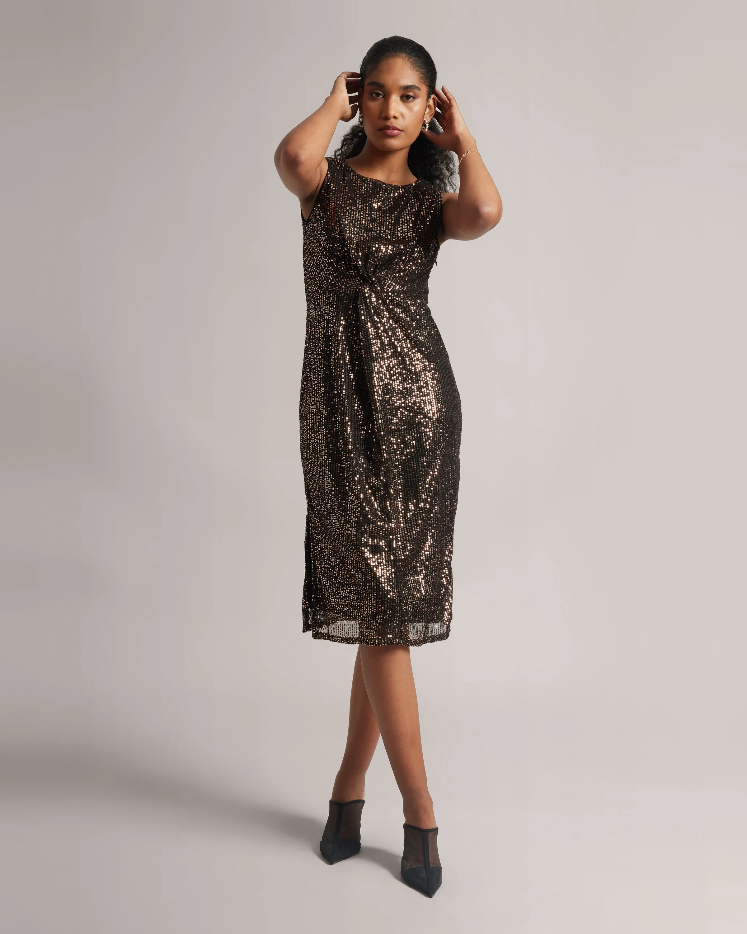 Brown Poly Elastane Sequinned Party Midi Dress