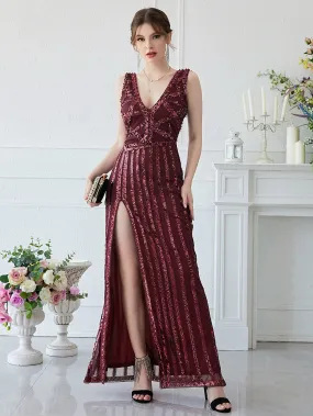 Burgundy Elegant Sequined Formal Gown