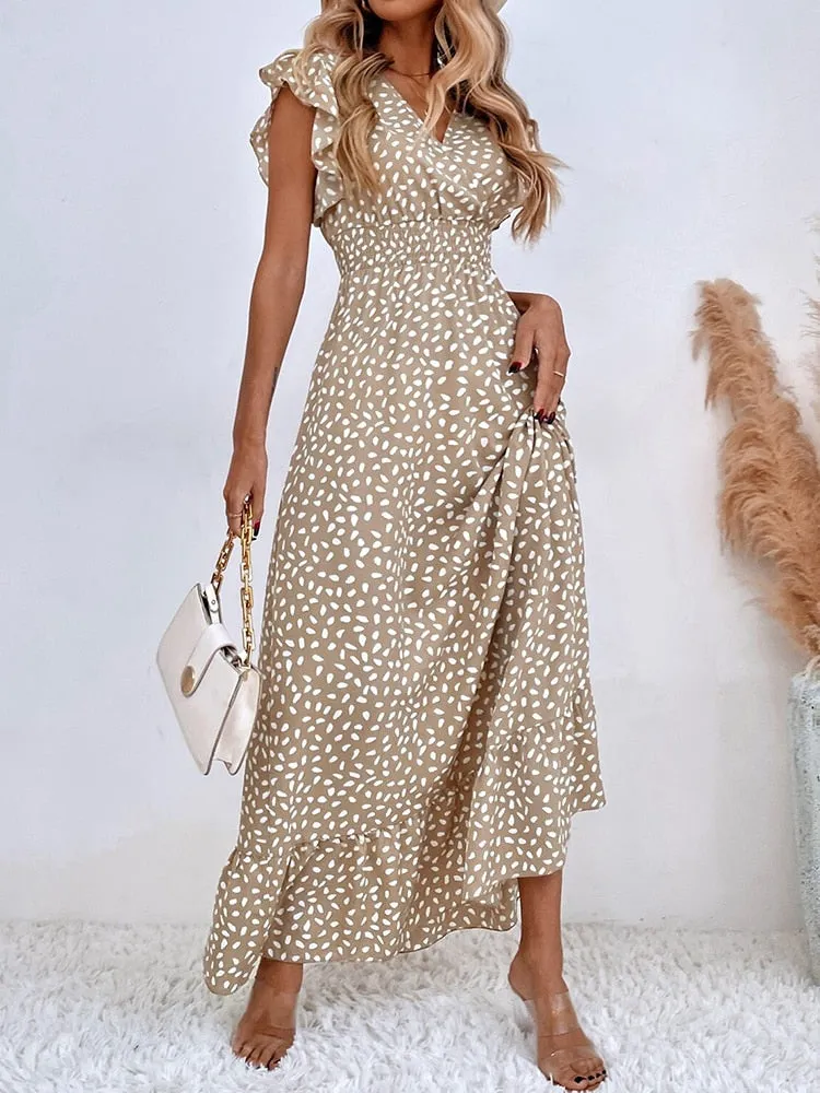 Casual Polka Dot Dress Women Summer V Neck Sleeveless High Waist A-line Long Dresses Boho Beach Sundress Chiffon Dress Vestidos