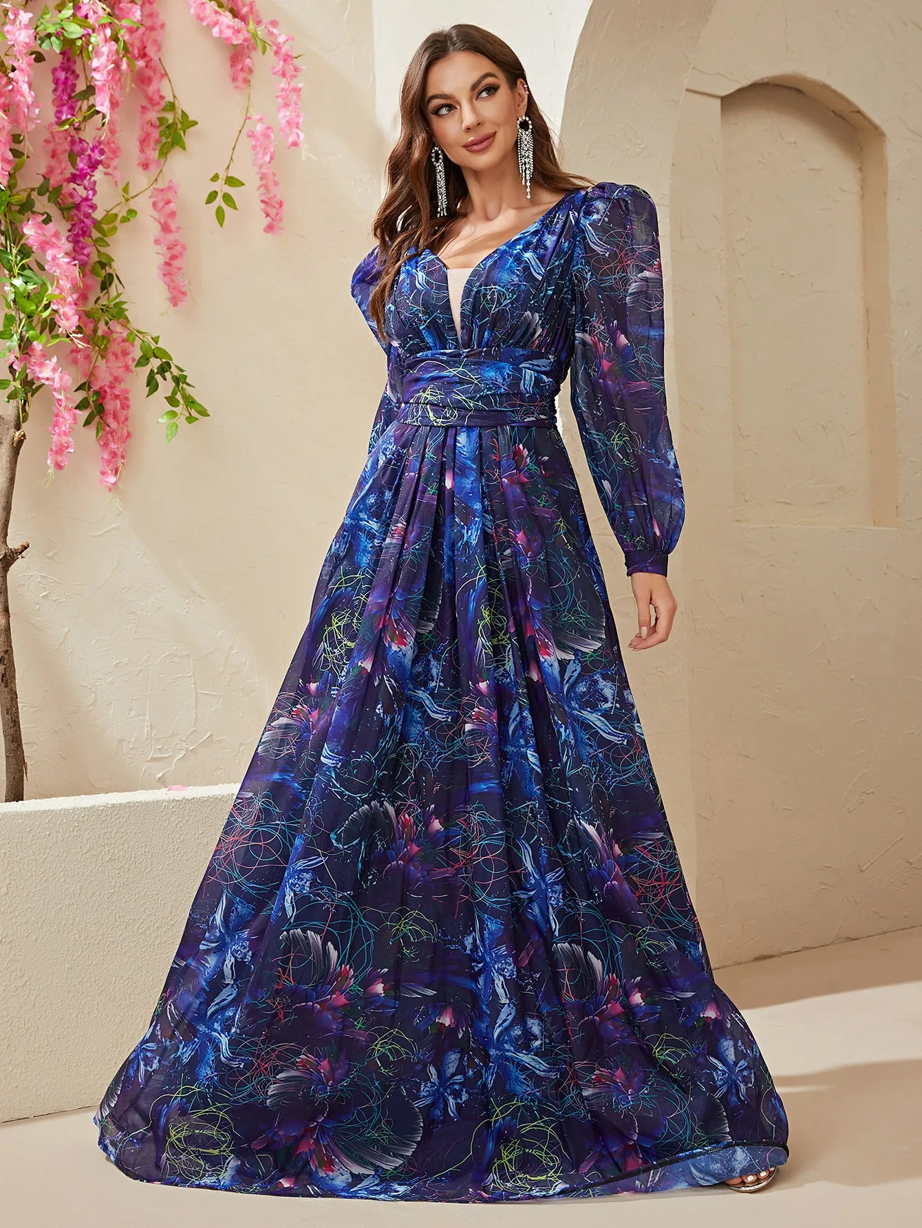 Chiffon Long Sleeve V Neck Printed Blue Gown