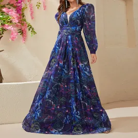 Chiffon Long Sleeve V Neck Printed Blue Gown