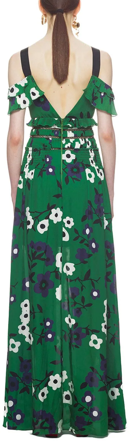 Cold Shoulder Floral Printed Maxi Dress in Green