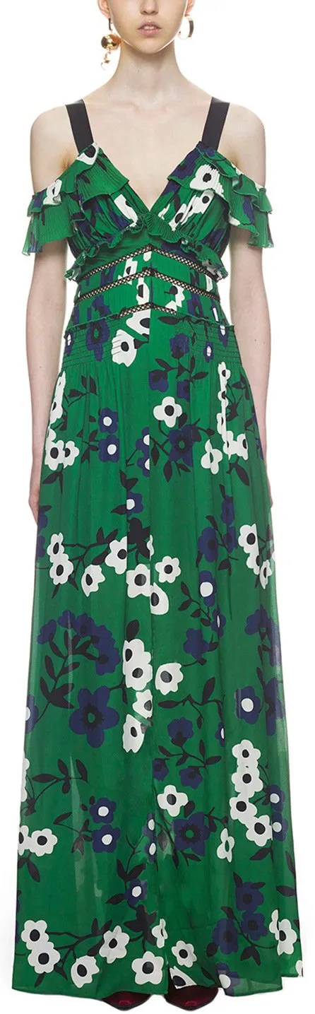 Cold Shoulder Floral Printed Maxi Dress in Green