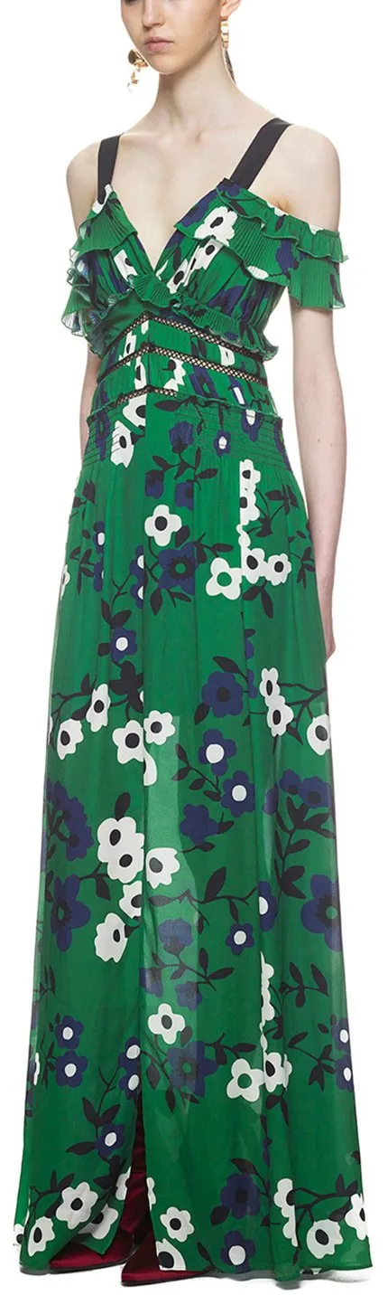 Cold Shoulder Floral Printed Maxi Dress in Green