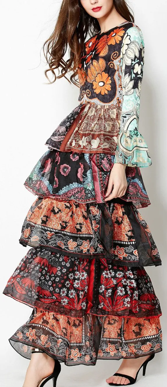 Colorful Patchwork-Print Long Ruffle Tiered Dress