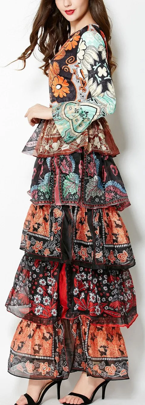 Colorful Patchwork-Print Long Ruffle Tiered Dress