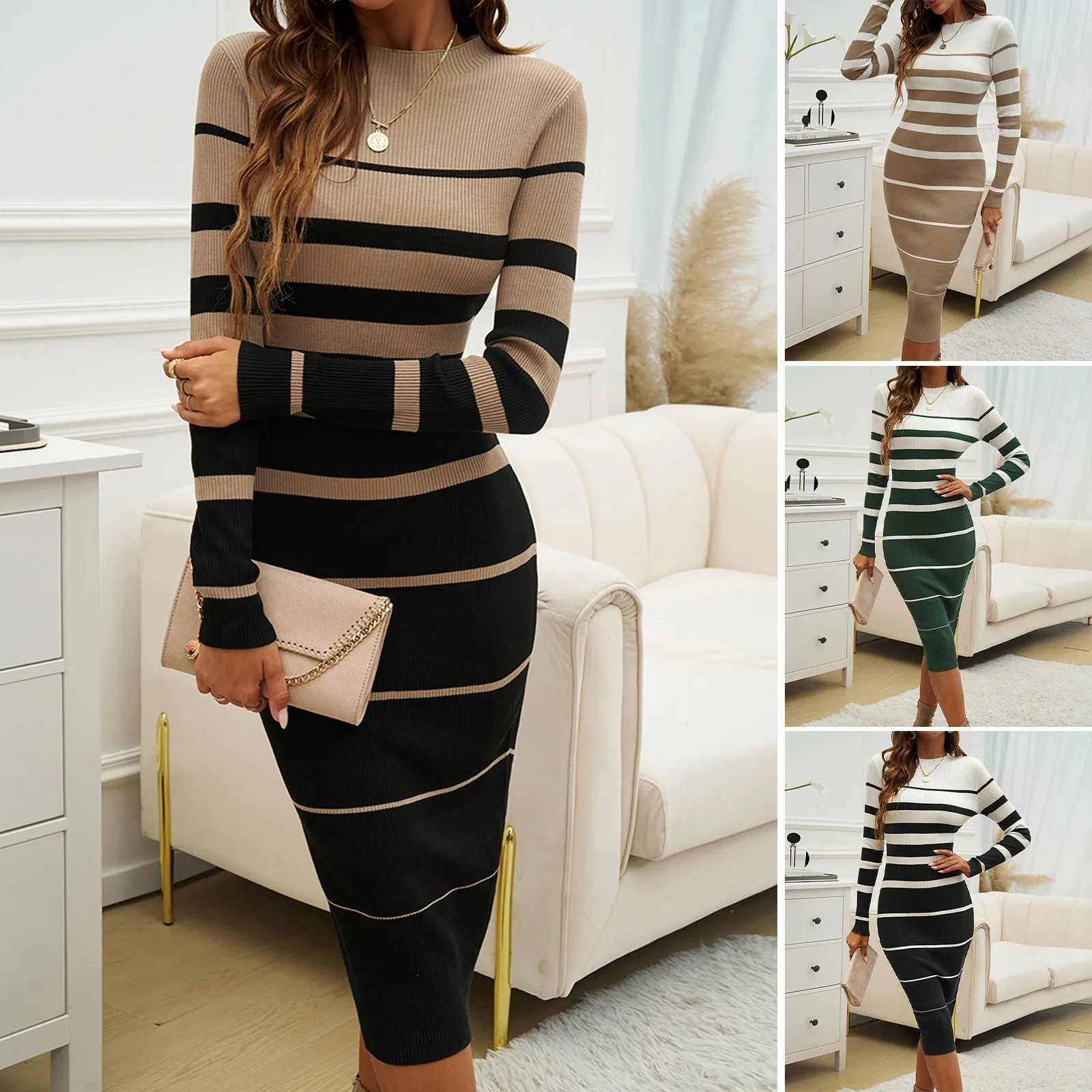 Contrasting Striped Long Sleeve Knit Midi Dress (4 colors)