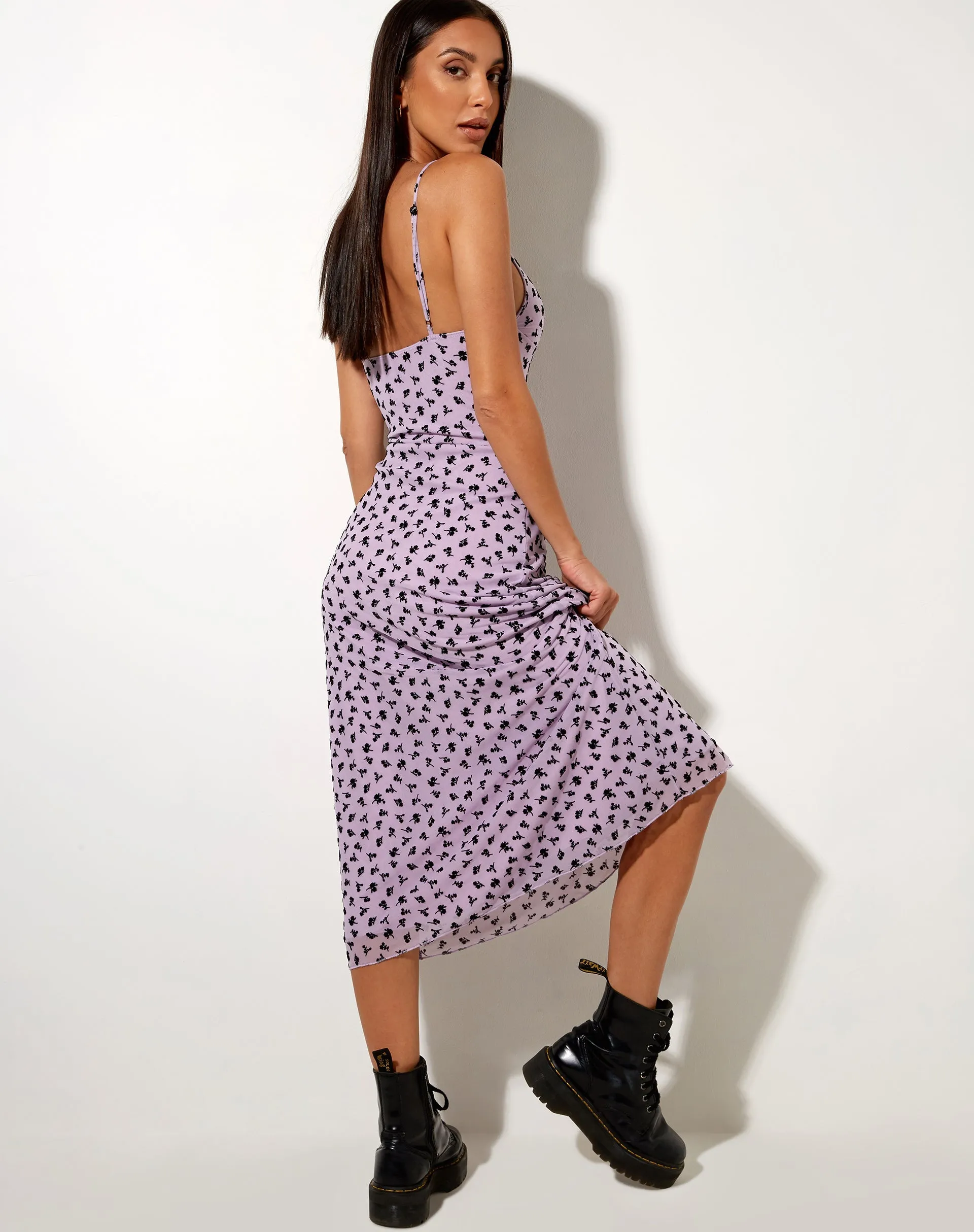 Cotina Midi Dress in Lilac Flower Buds Black Flock