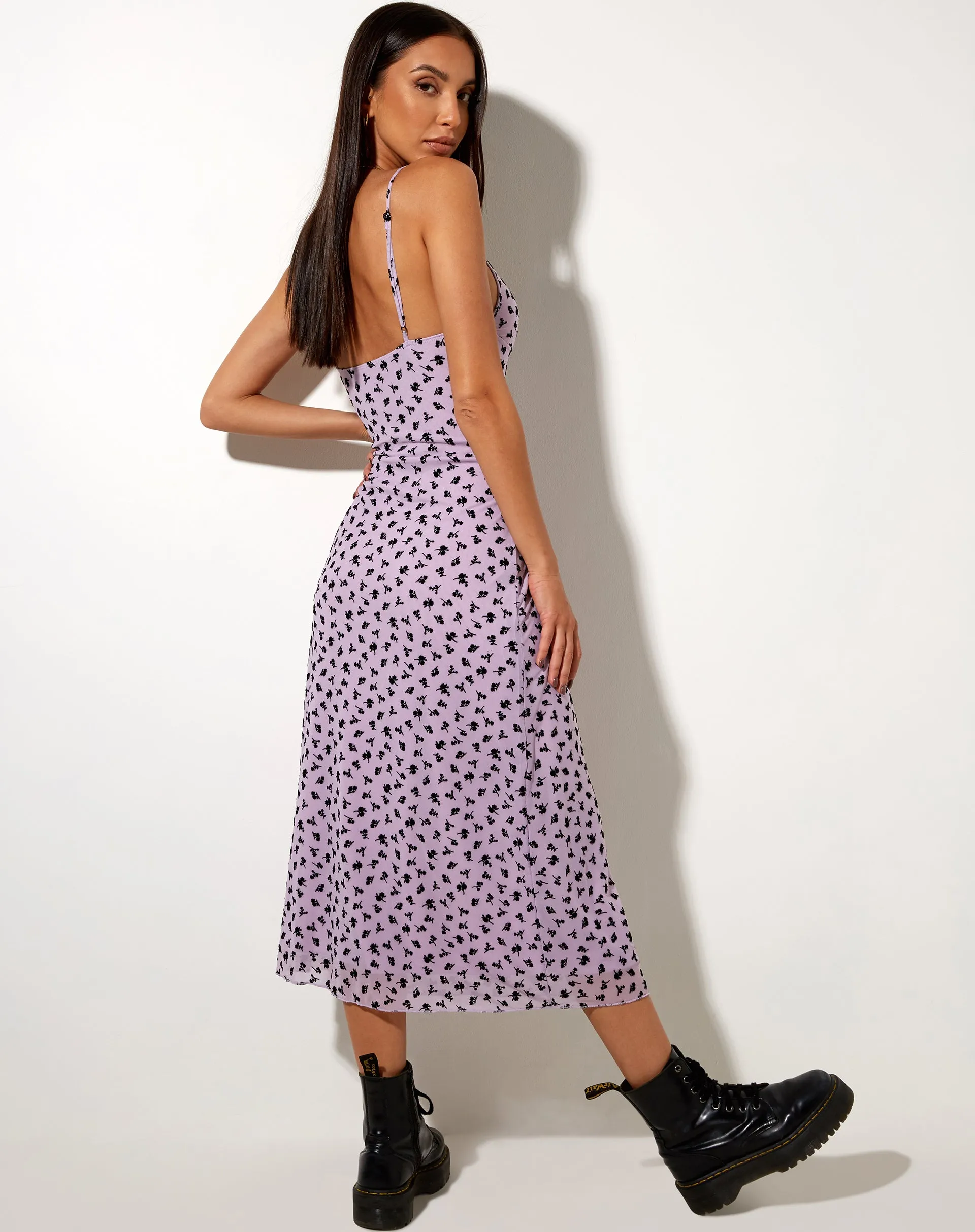 Cotina Midi Dress in Lilac Flower Buds Black Flock