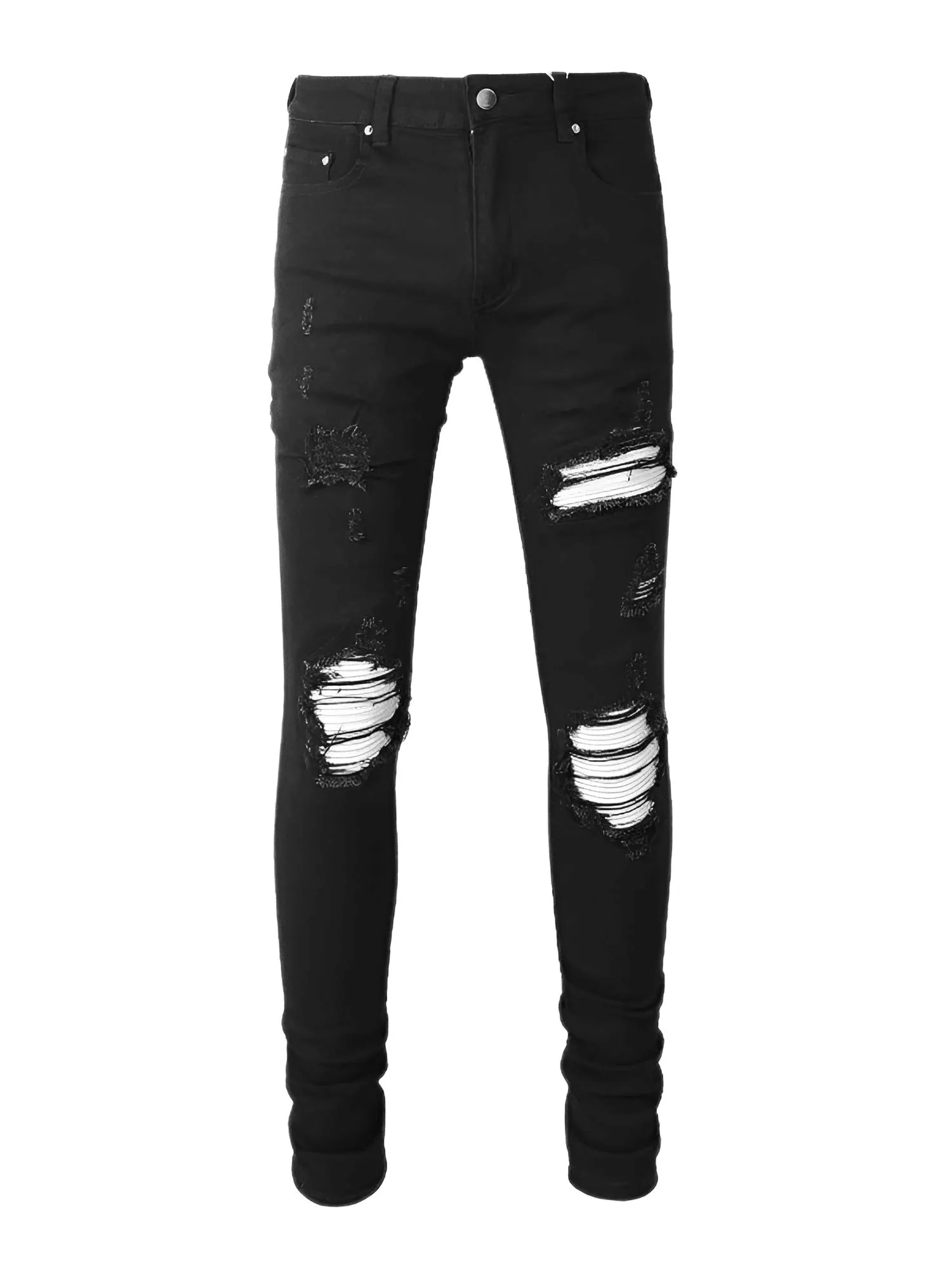 Cracked Silver Leather Patch Ripped Black Jeans Men's Streetwear Denim