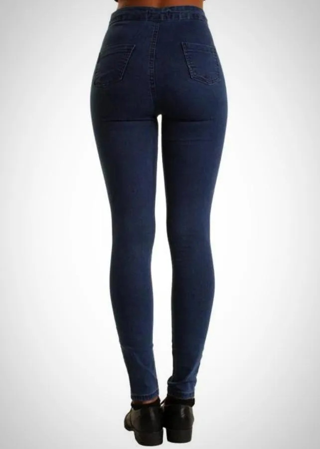 Dark Blue High Waisted Ripped Knee Skinny Stretchy Jeans