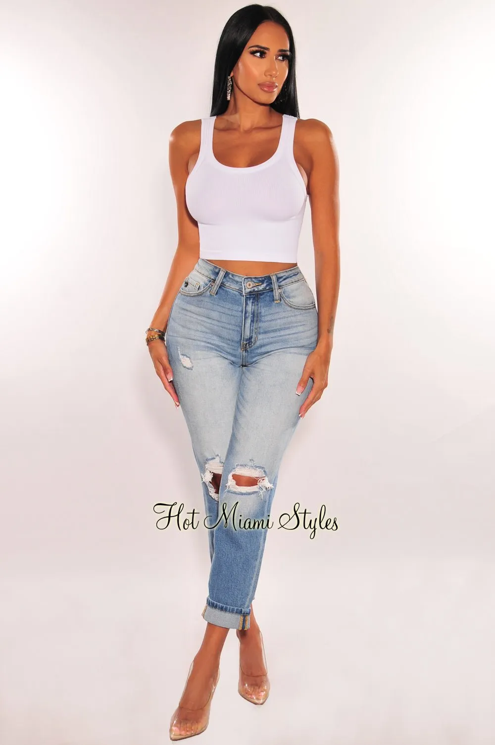 Denim Ripped Knee High Waist Ankle Jeans