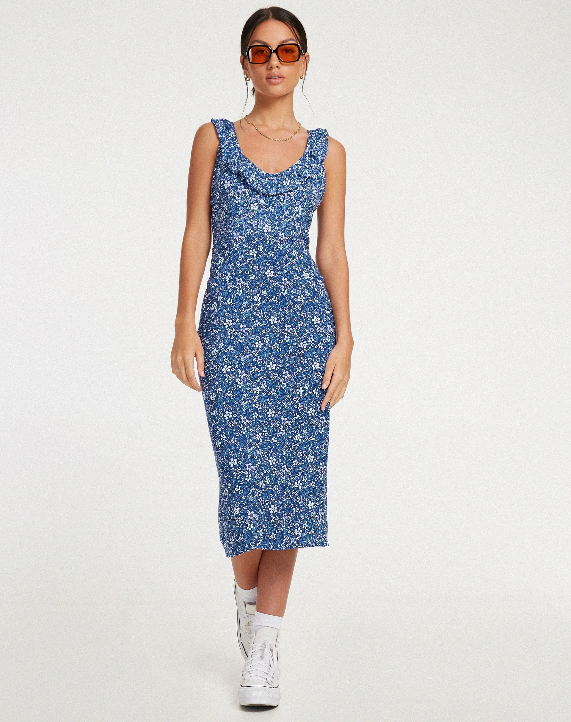 Elleta Midi Dress in Retro Floral Blue