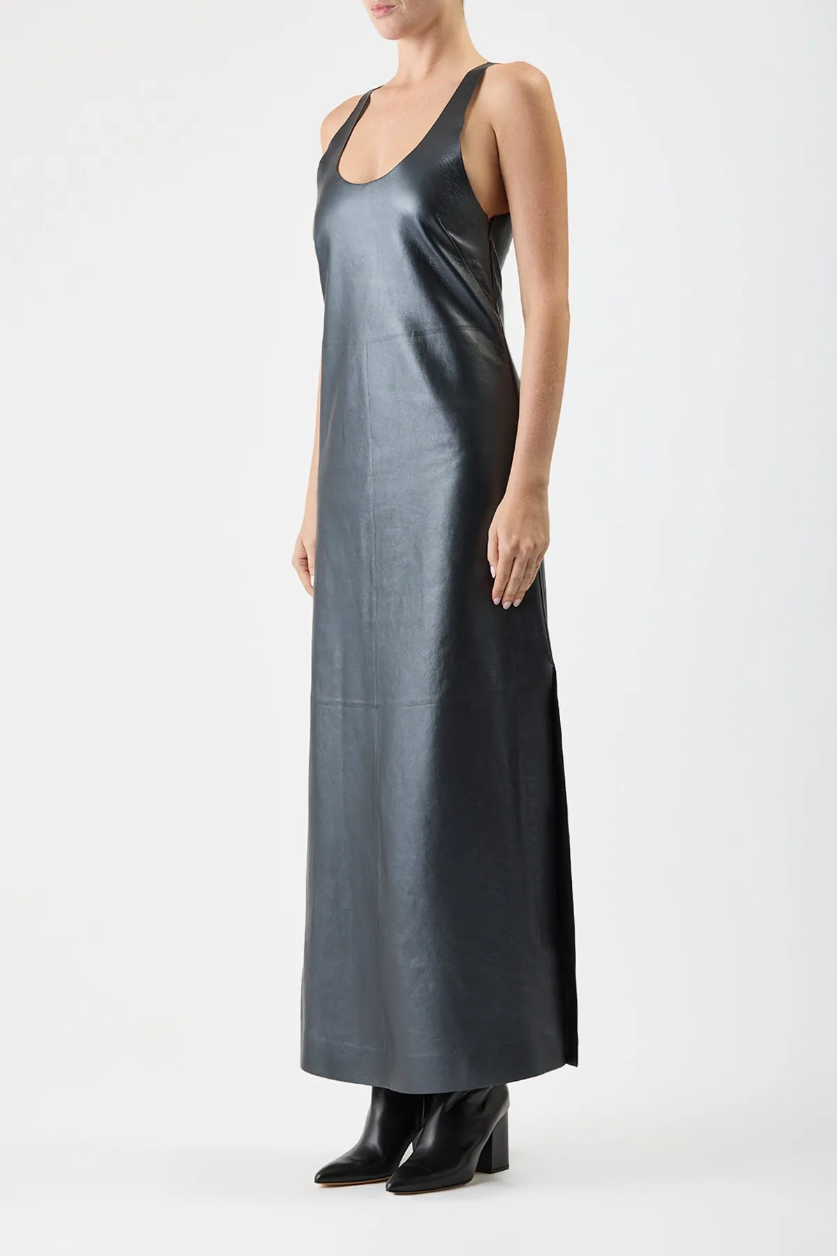 Ellson Maxi Dress in Black Metallic Nappa Leather