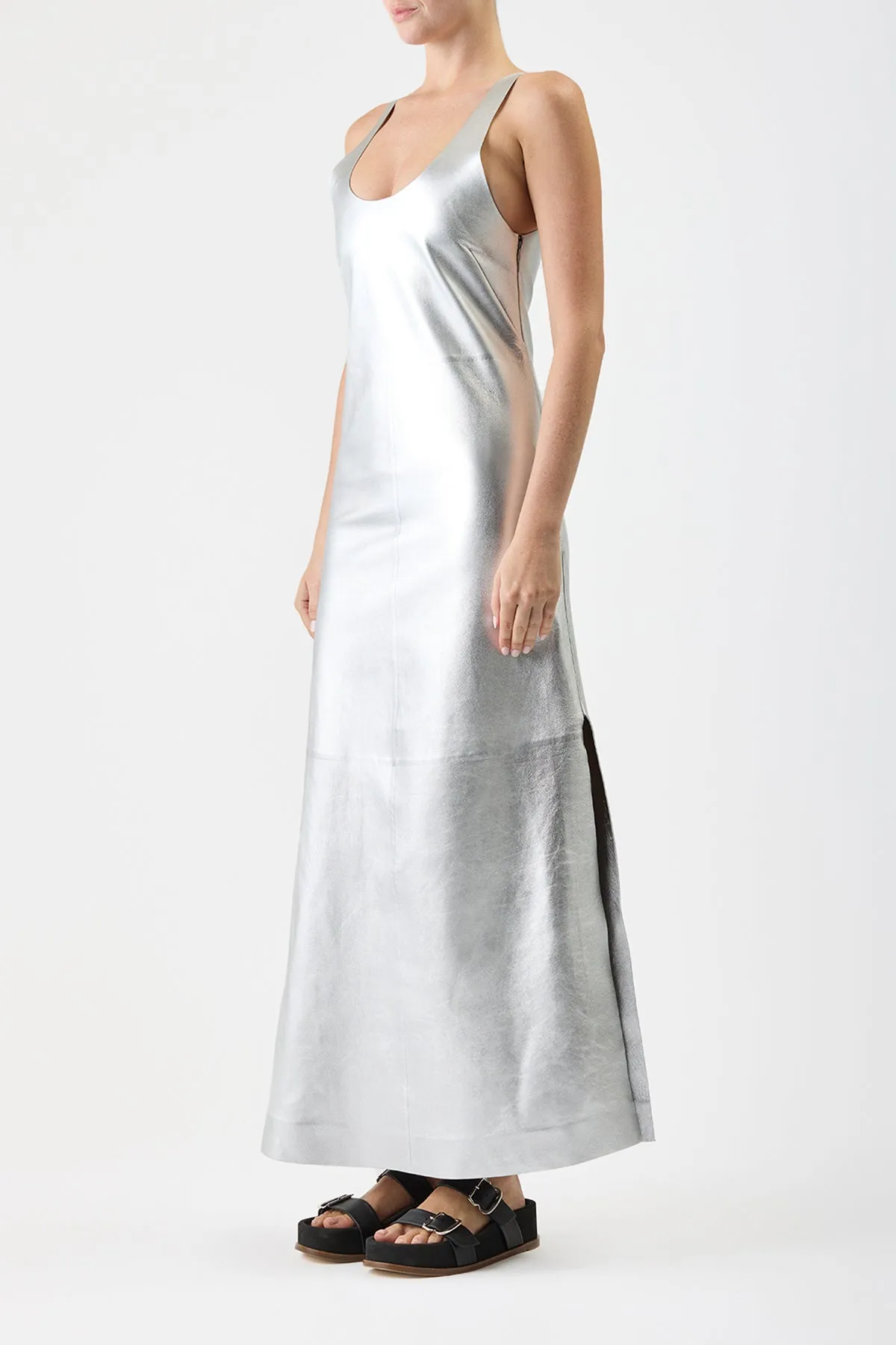 Ellson Maxi Dress in Silver Metallic Nappa Leather