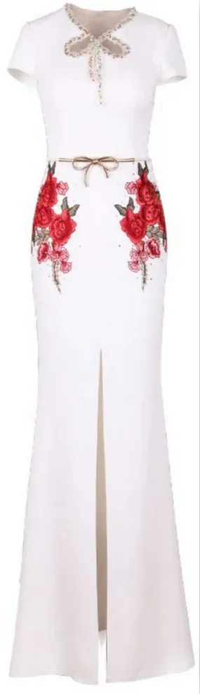 Embellished-Collar Floral-Embroidered Maxi Dress