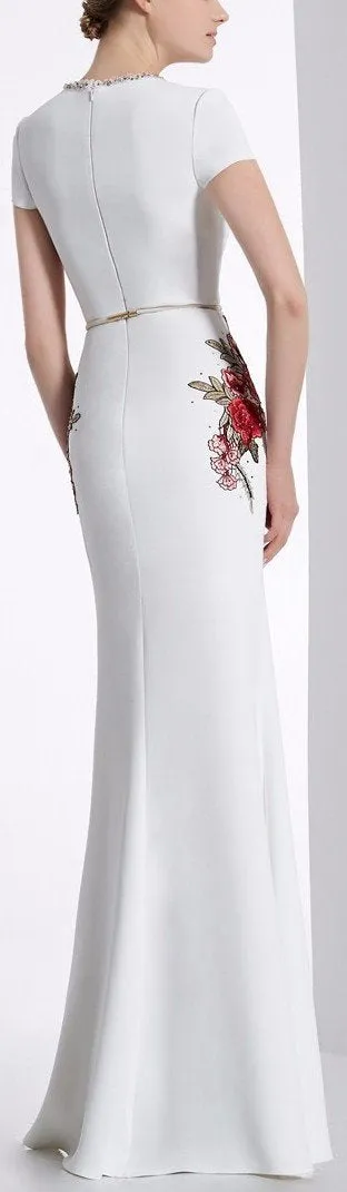 Embellished-Collar Floral-Embroidered Maxi Dress