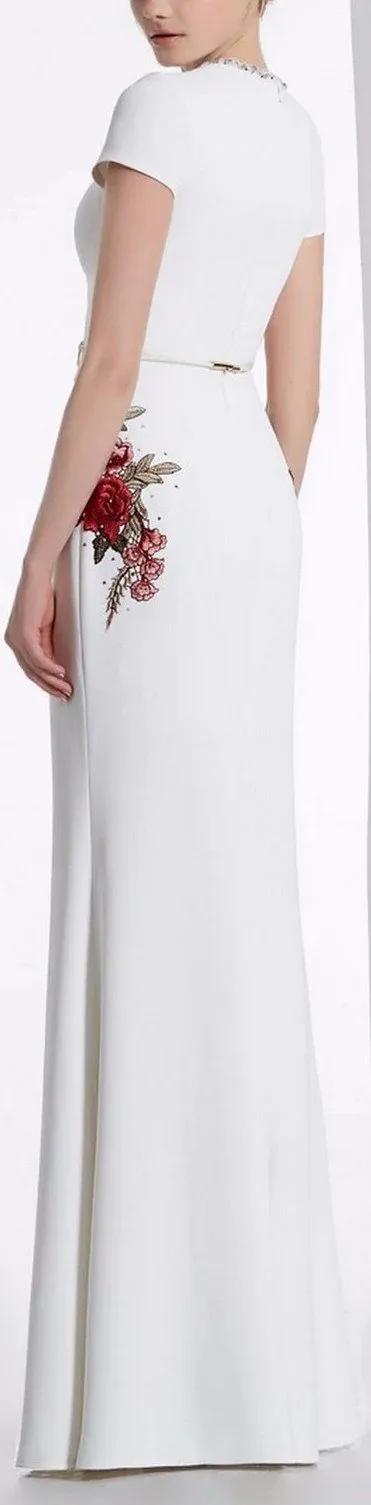 Embellished-Collar Floral-Embroidered Maxi Dress