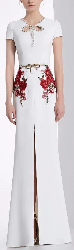 Embellished-Collar Floral-Embroidered Maxi Dress