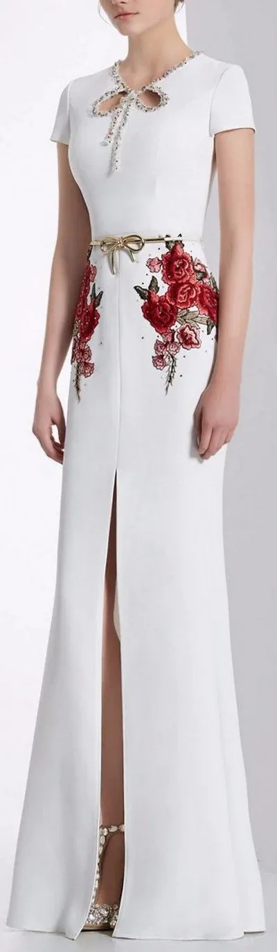 Embellished-Collar Floral-Embroidered Maxi Dress