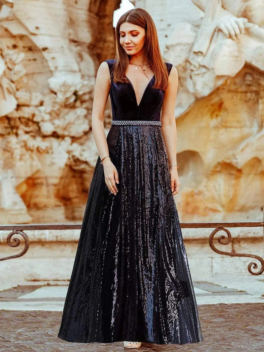 Floor Length Velvet and Sequin Evening Dress for Women